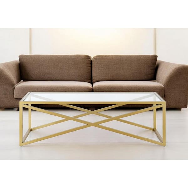HomeRoots 54 in. Gold Rectangle Glass Coffee Table