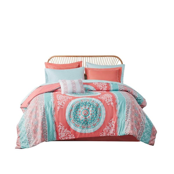 Unbranded 9-Piece Coral Queen Polyester Boho Comforter Set with Matching Sham, Decorative Pillow, Bedskirt and Bed Sheets