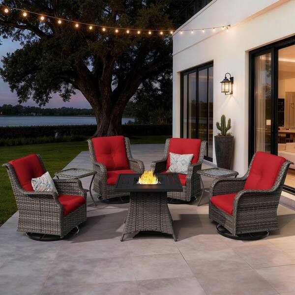 7-Piece Wicker Patio Conversation Set Swivel Rocking Chair Set with Red Cushions, Side Table and Fire Pit