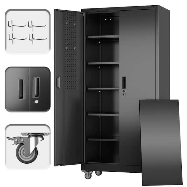 31.5 in. W x 73 in. H x 16 in. D Lockable Metal Garage Storage Freestanding Cabinet w/ Wheels, Pegboard, Hooks in Black