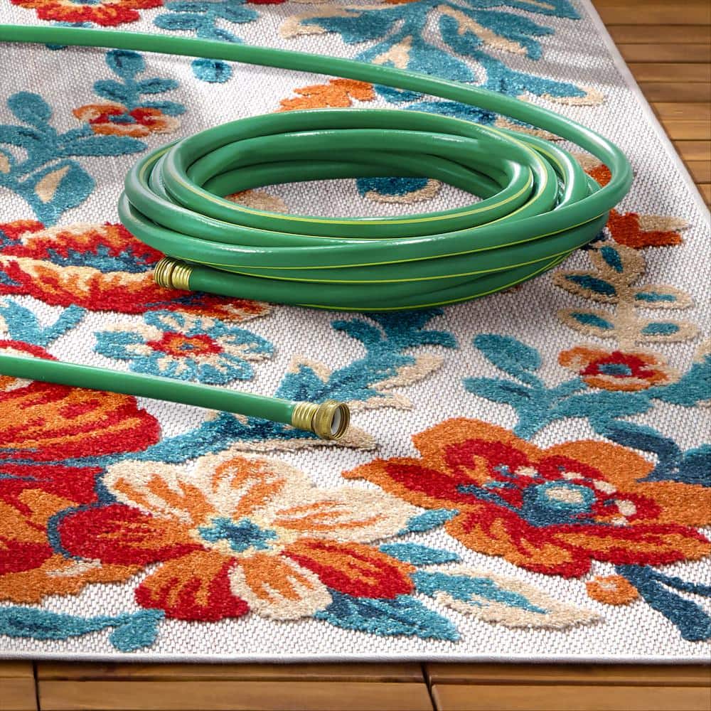 Ivory Red Blue Floral Tufted Indoor Outdoor Area Rug