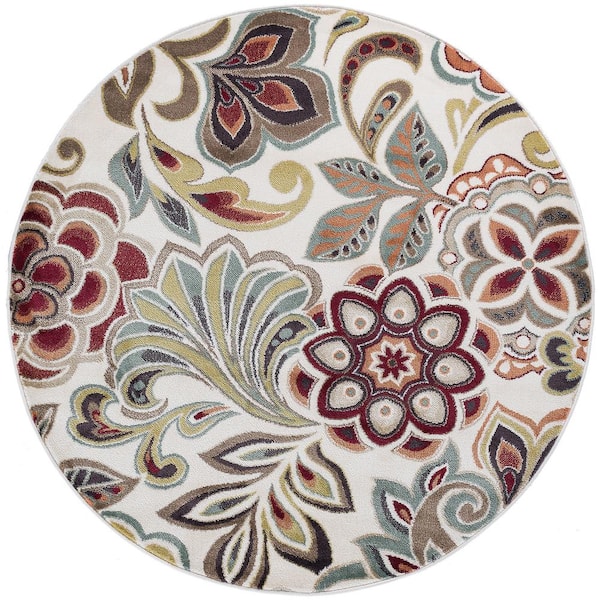 Tayse Rugs Deco Abstract Ivory 8 ft. Round Indoor Area Rug