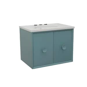Stora 31 in. W x 22 in. D Wall Mount Bath Vanity in Aqua Blue with Quartz Vanity Top in White with White Oval Basin
