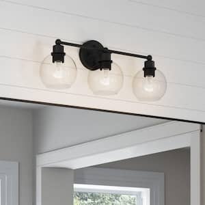 Grand 23.5 in. 3-Light Black Bathroom Vanity Light Fixture with Clear Glass Globe Shades