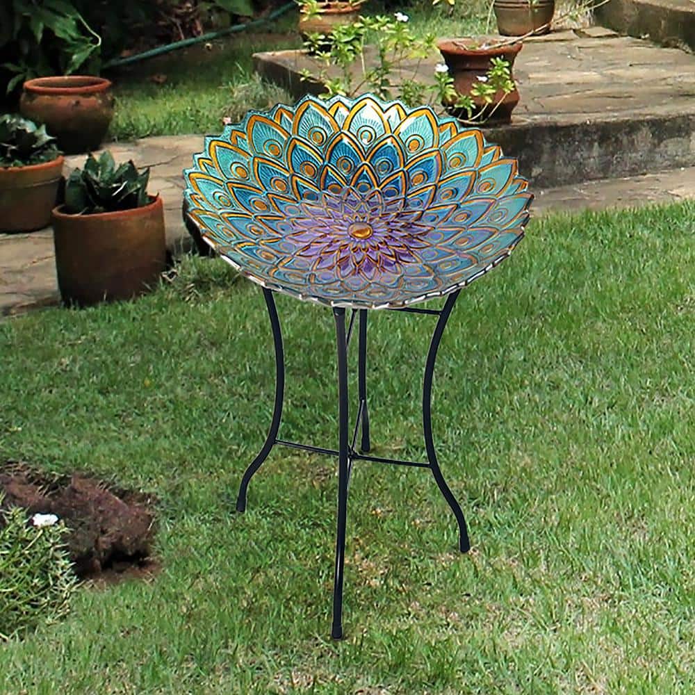 18" Multicolor Mosaic Glass Bird Bath with Metal Stand