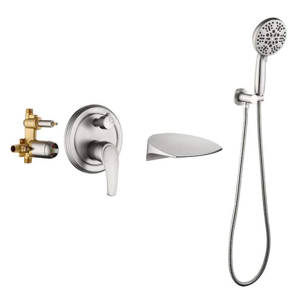 Single-Handle Wall Mount Roman Tub Faucet with Round Hand Shower in Brushed Nickel (Valve Included)