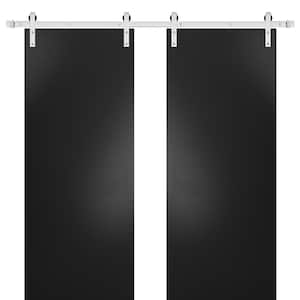 0010 84 in. x 80 in. Flush Black Finished Wood Sliding Barn Door with Hardware Kit Stailess