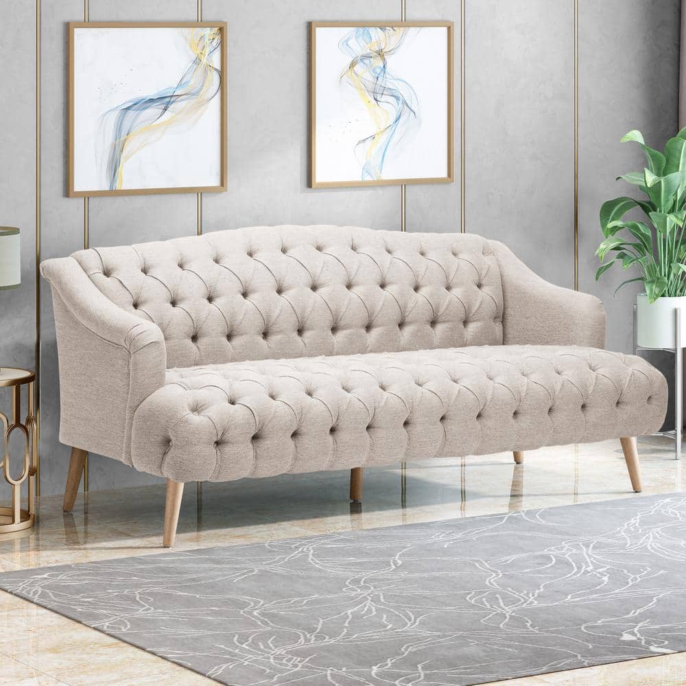 Beige Velvet Tufted Lawson Sofa with Sloped Arms and Wood Frame