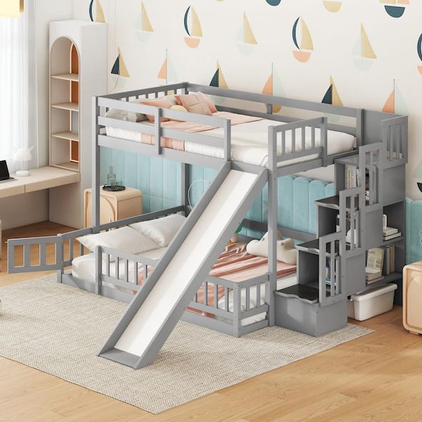 Gray Twin Over Full Bunk Bed with Slide and Storage Staircase