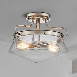 Elsie 13.78 in. 2-Light Brushed Nickel Semi Flush Mount with Clear Glass Shade