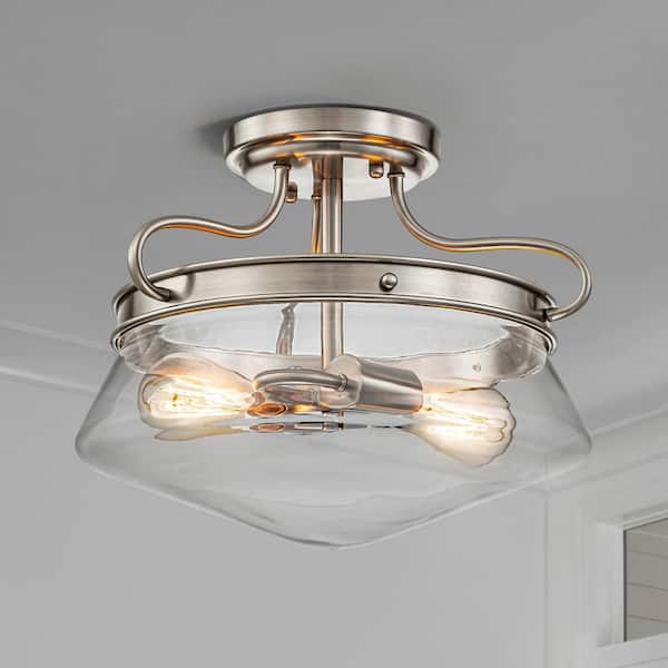 EDISLIVE Elsie 13.78 in. 2-Light Brushed Nickel Semi Flush Mount with Clear Glass Shade