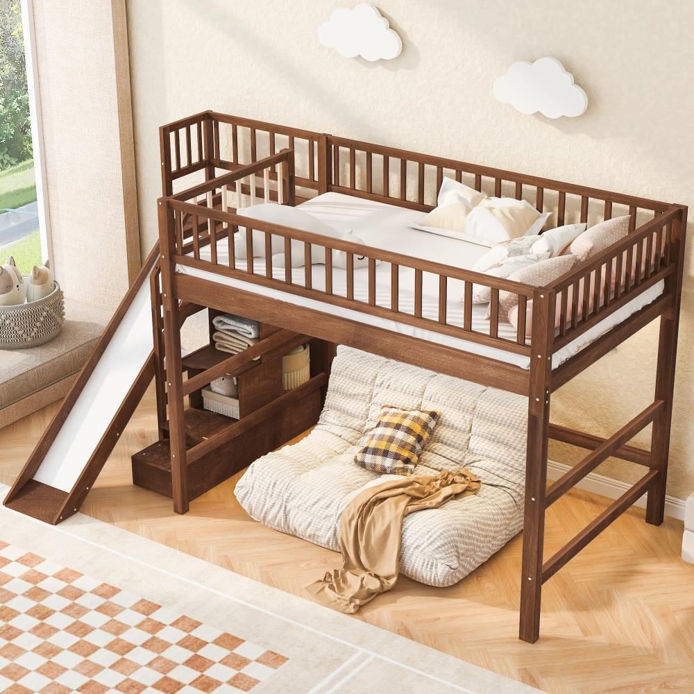 Walnut Full Size Wood Loft Bed with Storage Staircase, Slide, LED Light price history on PriceWatchPro