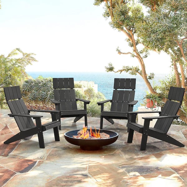LUE BONA Gaia Traditional Curveback Slate Black Plastic Outdoor Chairs Patio Adirondack Chair Set of 4