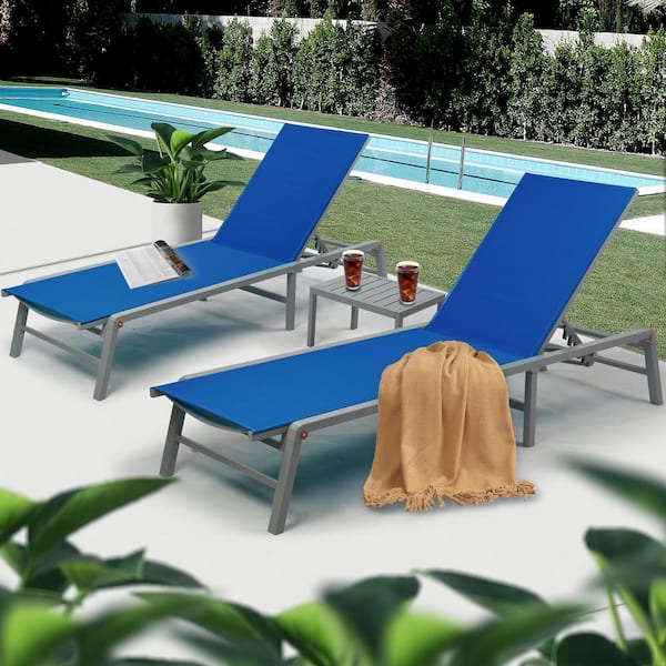 KOZYARD 2-Packs Outdoor Lounge Chair Set Foldable Patio Lounger with 5-Adjustable Backrest Recliner (2-Blue Textilence w/ Table)