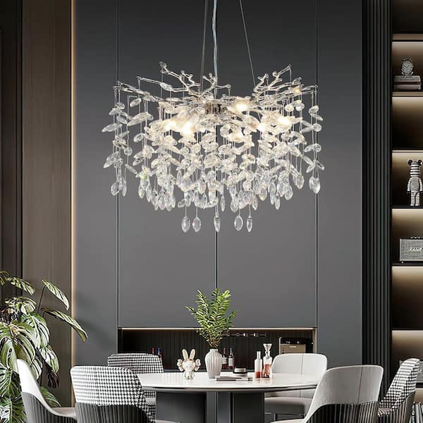 23.6 in. 9-Lights Silver Luxury Crystal Globe Chandelier Modern Branch Chandelier for Dinning Room, Kitchen, Living Room