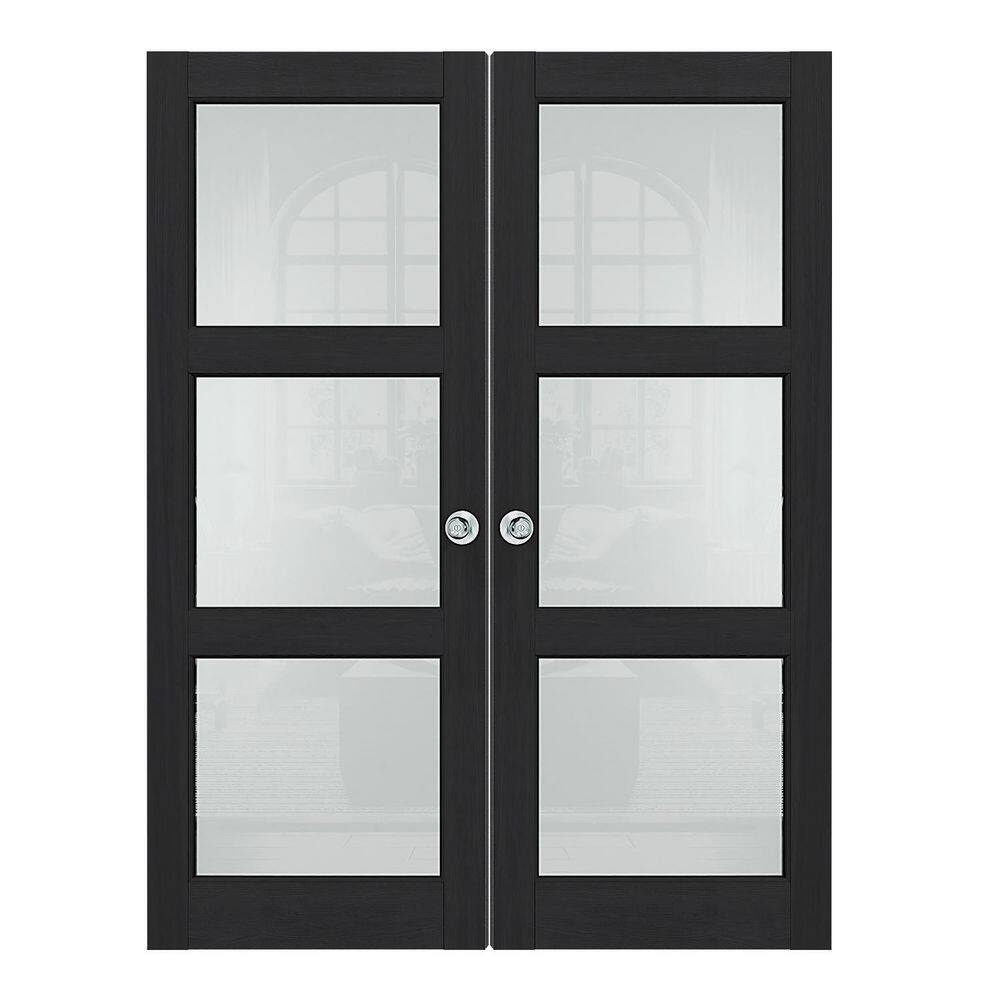 48 in. x 80 in. 3-Lite Black PVC Covering, Frosted Glass, MDF, Interior Door Slab with Silver Sphere Doorknob price history on PriceWatchPro