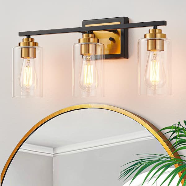 KAWOTI 22 in. 3-Light Black and Brass Vanity Light with Clear Glass Shade