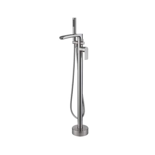 37 in. H 2-Handle Freestanding Tub Faucet Floor Mounted Bathtub Filler Faucet with Hand Shower in Brushed Silver