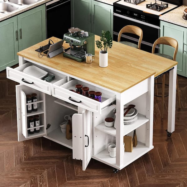 White Wood 47 in. Kitchen Island Kitchen Cart with Extendable Dining Table, Power Outlet, Adjustable Shelf