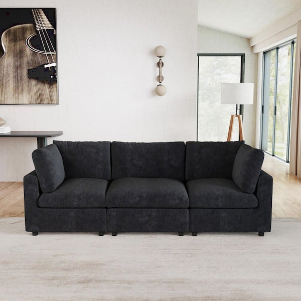 Magic Home 101 in. Square Arm Chenille Fabric 3-Piece Modular Free Combination Sectional Sofa in. Black