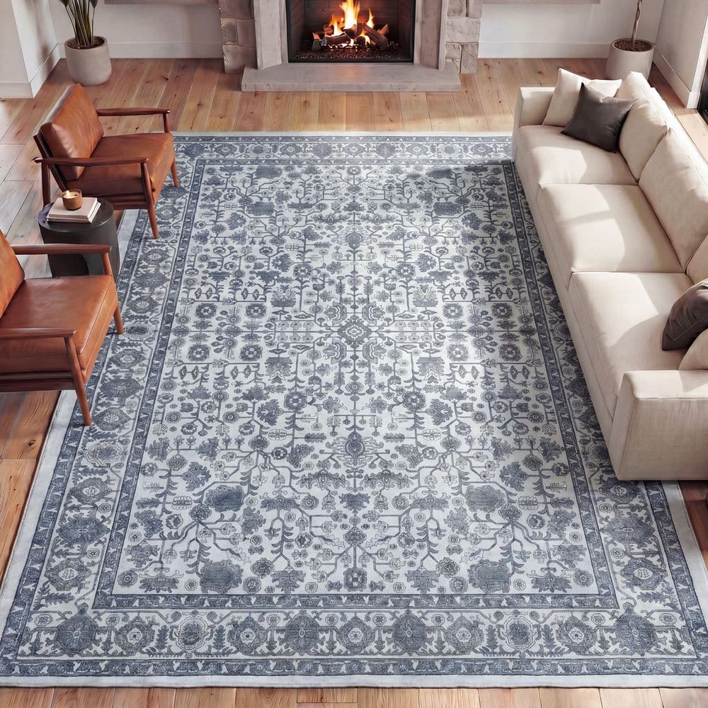 Subtlety Medallion All-Over Floral Border Non-Slip Machine-Washable Blue/Ivory 5 ft. x 8 ft. Area Rug price history on PriceWatchPro