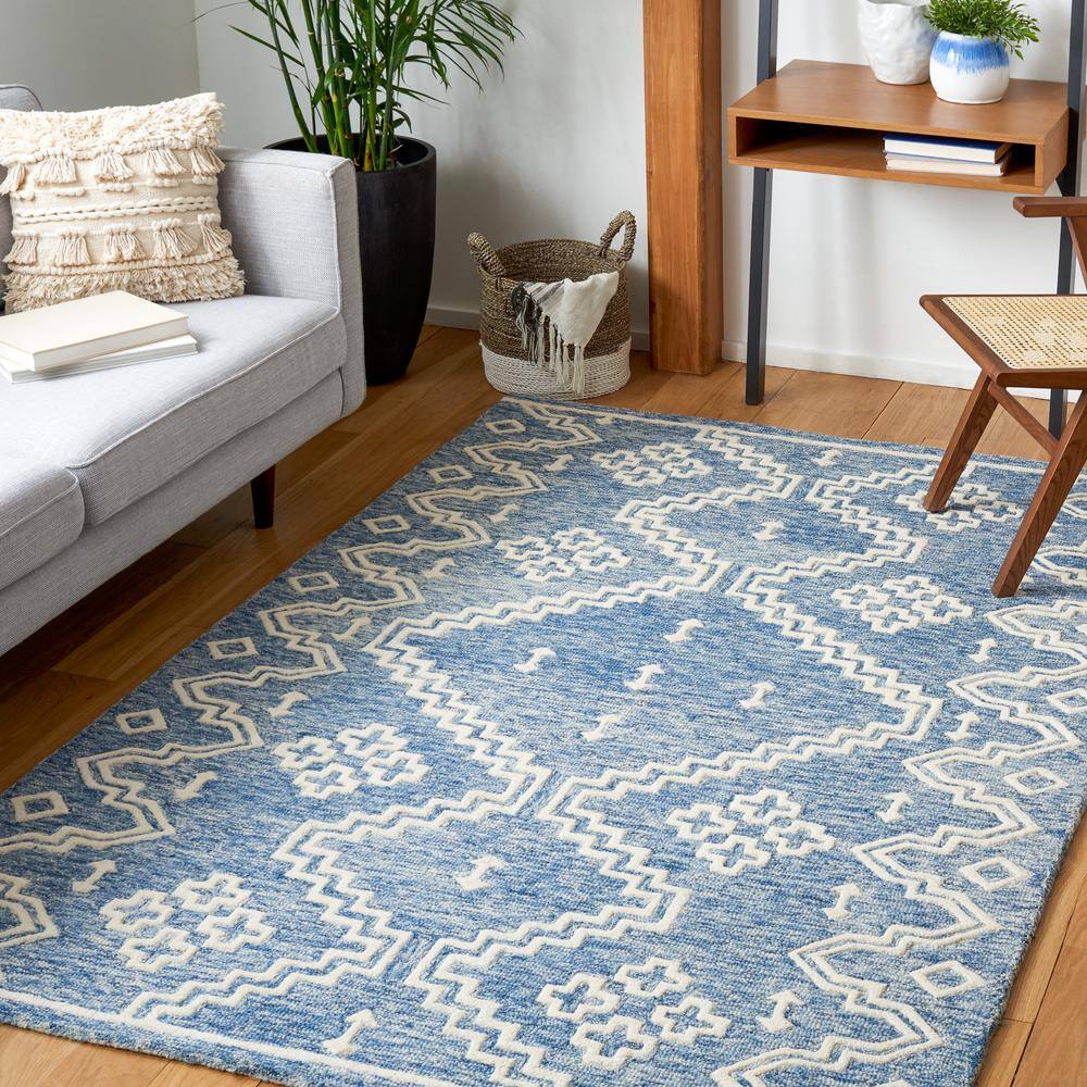Handmade Blue Wool Abstract Tufted Rectangular Rug 5x8 Feet