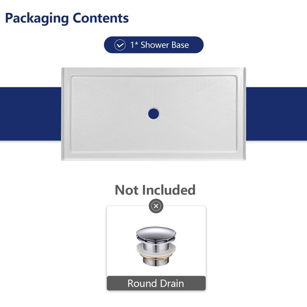 White Acrylic 60'' x 34'' Non-Slip Shower Base with Center Drain
