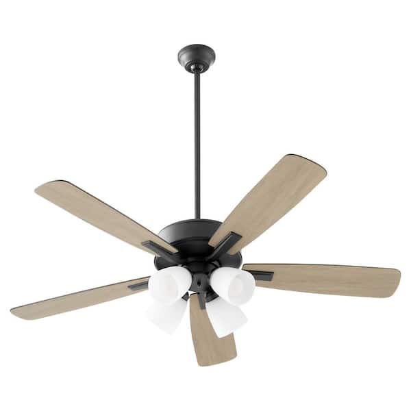 quorum Ovation 52 in. in Matte Black 5-Blade 4-Light 9-Watt Medium Base Lamp Opal Ceiling Fan