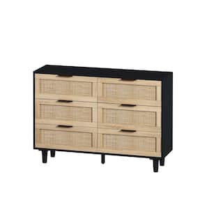 15.75 in. W x 43.31 in. D x 29.53 in. H Black Linen Cabinet with 6-Drawers Rattan Storage