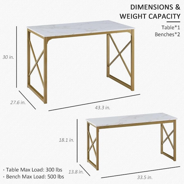 Dining Table Set for 4, 43.3 in. Rectangle Dinner Breakfast Dinette with 2 Benches, Set of 3, White & Gold Dining Table