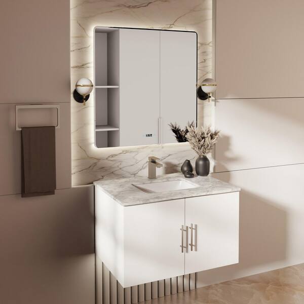 Geneva 30 in. W x 22 in. D Glossy White Bath Vanity and Carrara Marble Top
