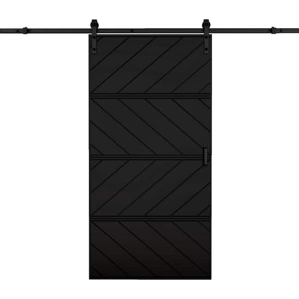 ARK DESIGN 42 in. x 84 in. Paneled 4-Segments Wave Design Black MDF Sliding Barn Door Slab with Installation Hardware Kit