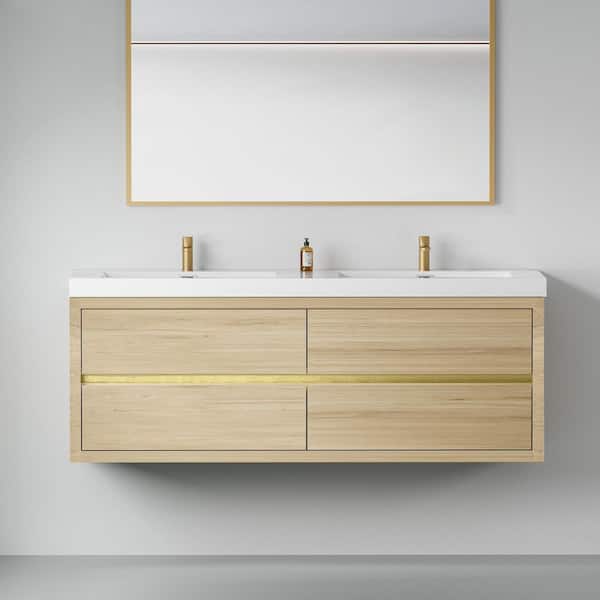 60 in. Wall-Mounted Double Sink Bath Vanity Floating Bathroom Storage Cabinet in Natural Oak with White Stone Resin Top