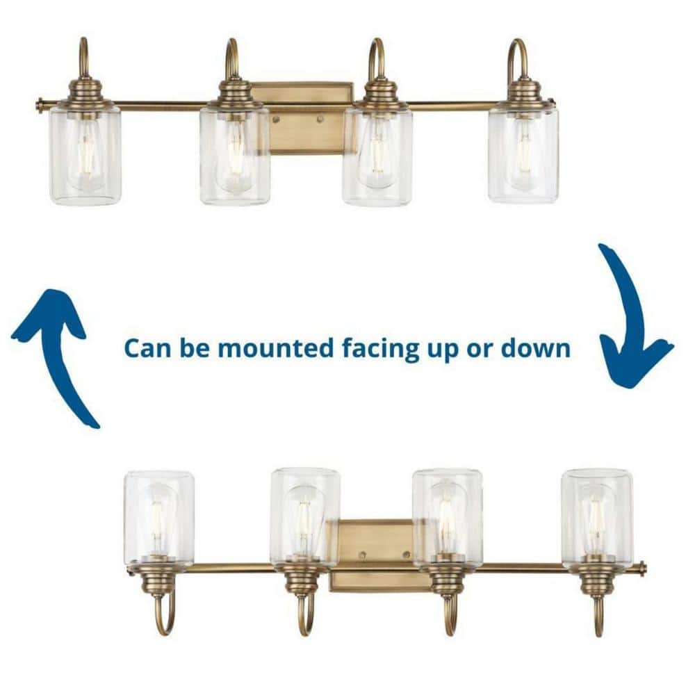 Aiken Vintage Brass 4-Light Bath Vanity with Clear Glass Shades
