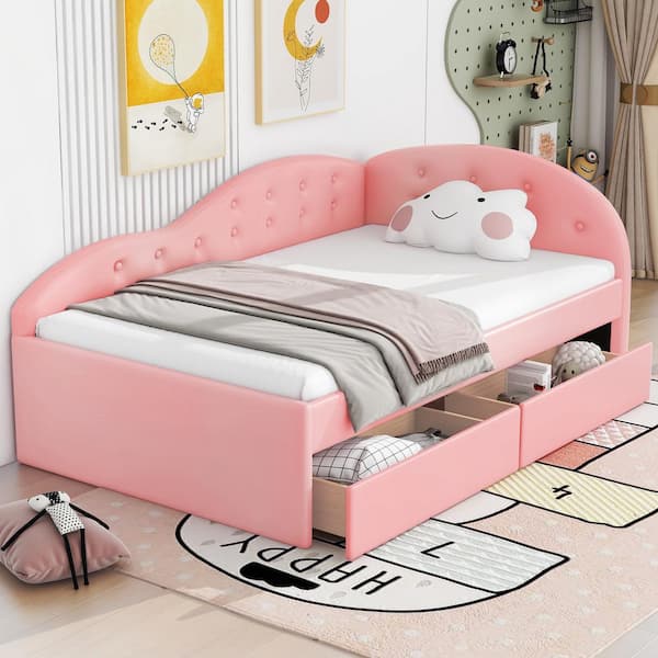 Polibi Wood Frame Twin Size Leather Tufted Platform Bed, Daybed with 2-Drawers and Cloud Shaped Guardrail, Pink