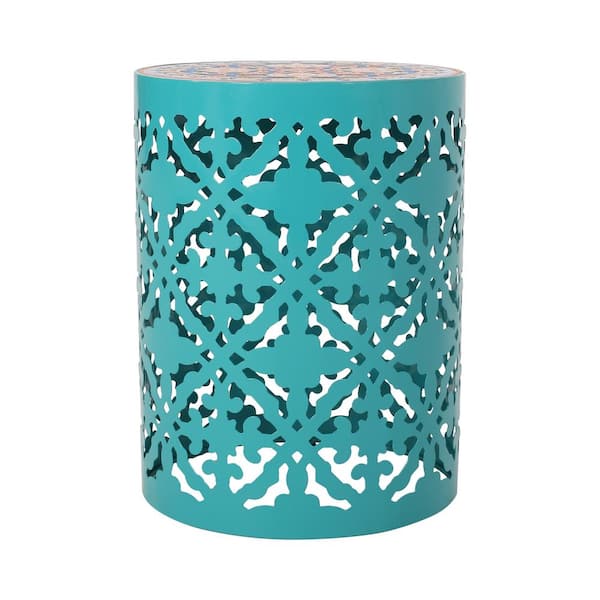 Unbranded Teal Wicker and Fabric Outdoor Lace Cut Side Table with Tile Top.
