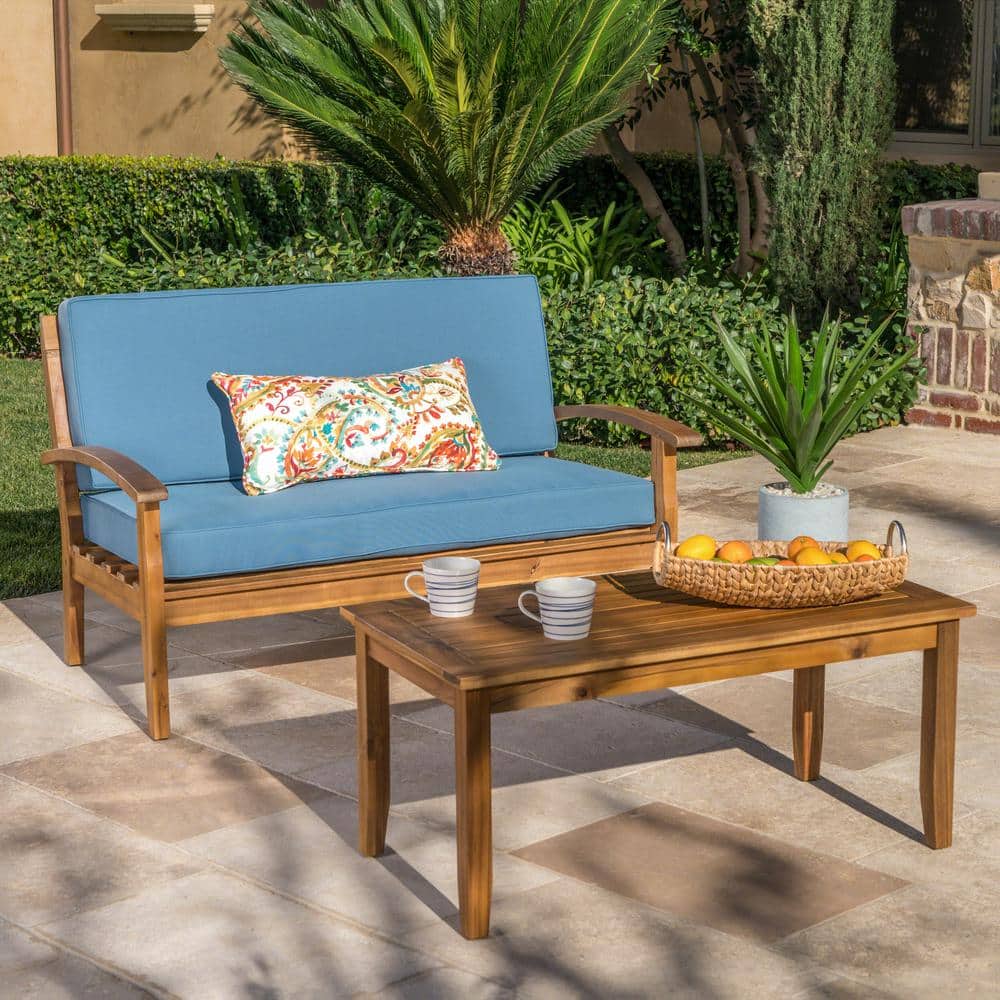 2-Piece Acacia Wood Patio Conversation Set include Love Seat with Blue Cush