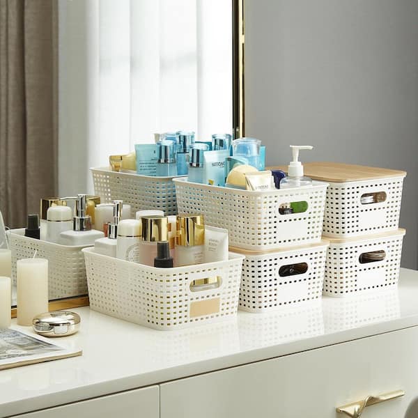 Cream White Plastic Bamboo Lid Decorative Storage Bin Basket Set