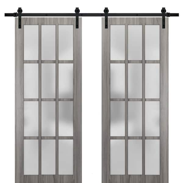 Sartodoors 36 in. x 96 in. 2 Panel Frosted Glass Ginger Ash Solid Wood Sliding Barn Door with Hardware Kit