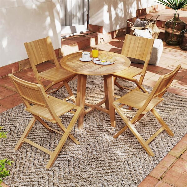 2 Piece Folding Patio Chairs with Inclined Backrest Teak Wood Outdoor Dining Chairs