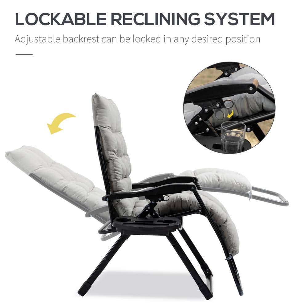Gray Cushioned Zero Gravity Outdoor Recliner with Cup Holder