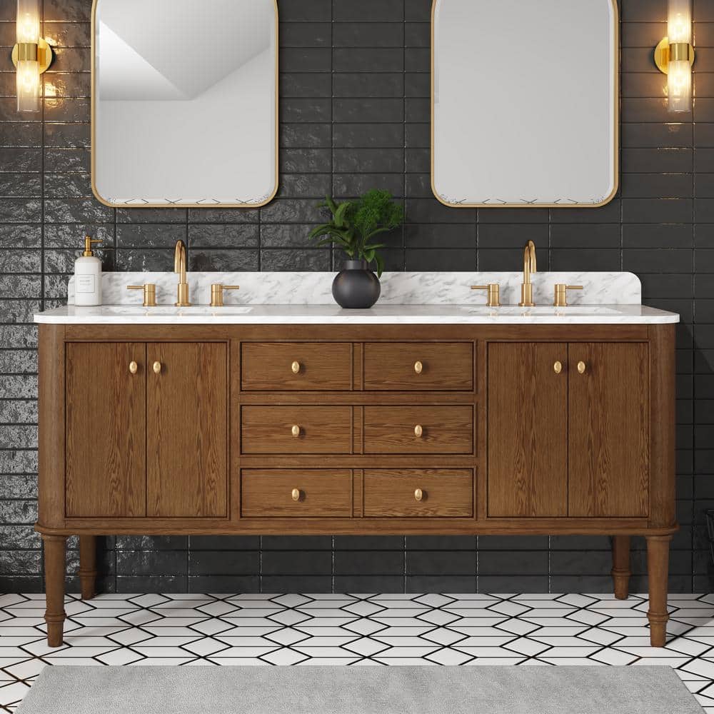 Collette 72 in. Double Sink Cinnamon Oak Bath Vanity with Carrara White Mar