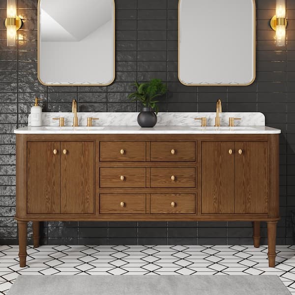 Collette 72 in. Double Sink Cinnamon Oak Bath Vanity with Carrara White Marble Top (Assembled)