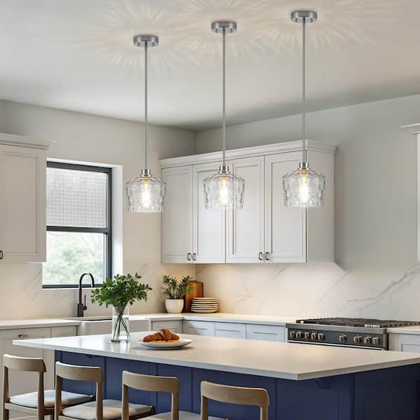 RayHome 1-Light Modern Brushed Nickel Adjustable Height Pendant Light with Hand-Blow Hammered Glass for Kitchen Bedroom