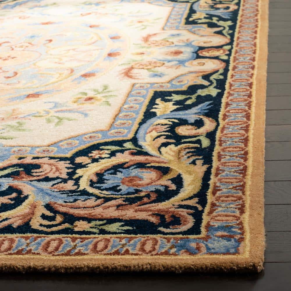 Ivory and Navy Floral Hand-Tufted Wool 8' x 10' Area Rug