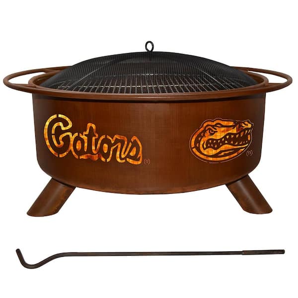 Unbranded Florida 29 in. x 18 in. Round Steel Wood Burning Rust Fire Pit with Grill Poker Spark Screen and Cover