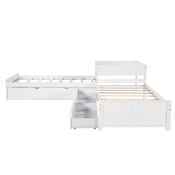 117.6 in. L x 117.6 in. W White Pine L-shaped Platform Bed with Trundle Drawers and Table