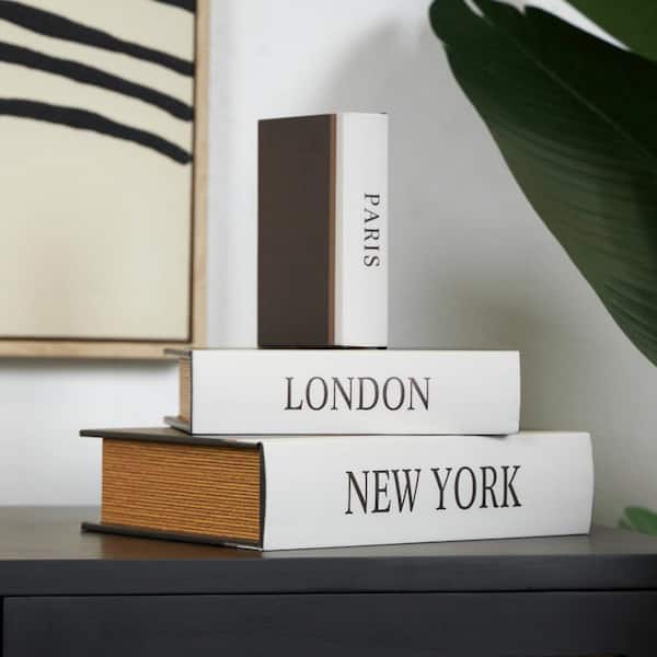 Litton Lane Rectangle Wooden Paris, London, New York Storage Faux Storage Book Box with White Spine (Set of 3)