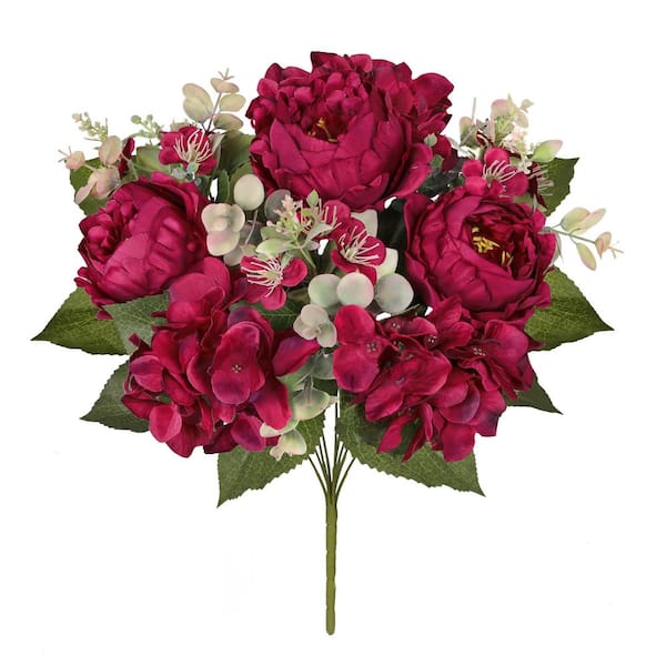 17 in. Burgundy Artificial Mixed Peony Hydrangea Blossom Flower Stem Bush Bouquet (Set of 2)