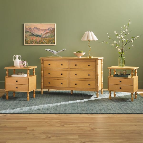 Modern Farmhouse Easy Assembly 3-Piece Solid Wood Natural 2-drawer 22 in. Nightstands and 6-drawer 54 in. Dresser Set